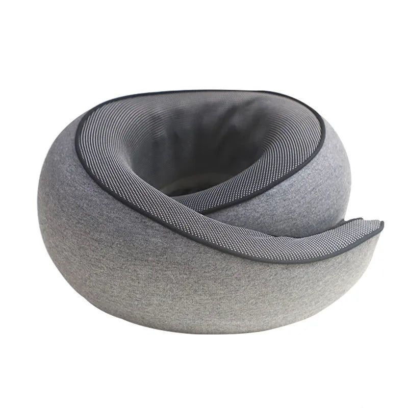 Dark grey U-shaped memory foam travel neck pillow with storage bag