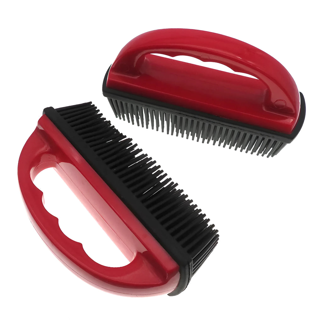 Red pet hair removal brush measuring 160mm by 85mm for grooming and carpet cleaning