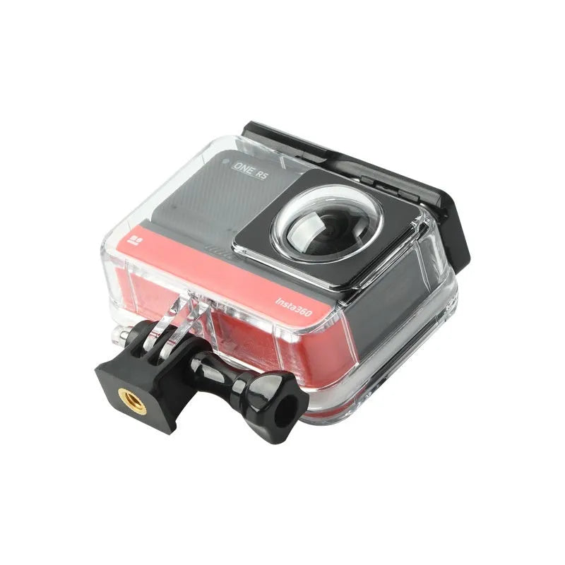 Transparent waterproof housing for Insta360 One RS panoramic camera showing dimensions