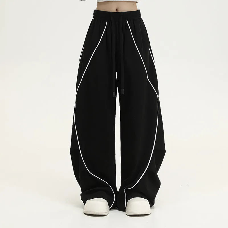 Black striped pleated wide-leg hip hop sports pants in loose fit design