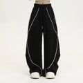 Black striped pleated wide-leg hip hop sports pants in loose fit design