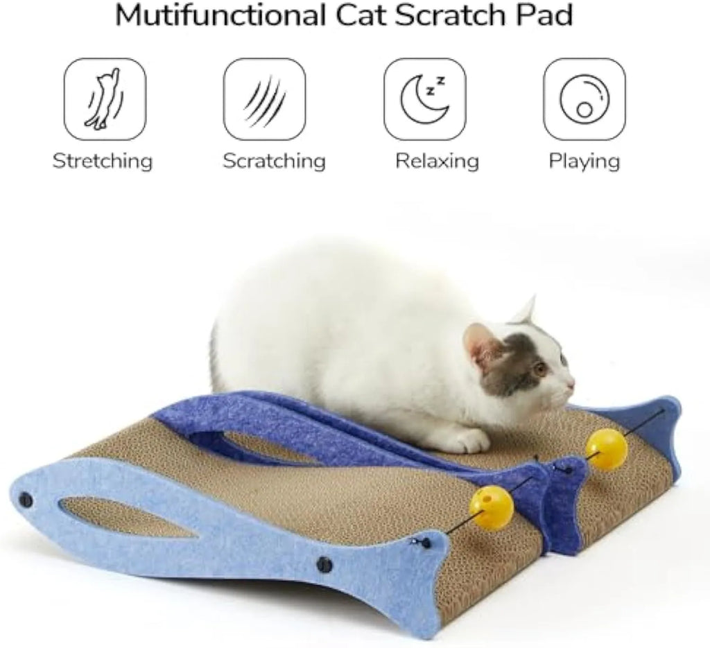 Blue fish-shaped cardboard cat scratcher lounge with bell ball toys on an elastic cord.