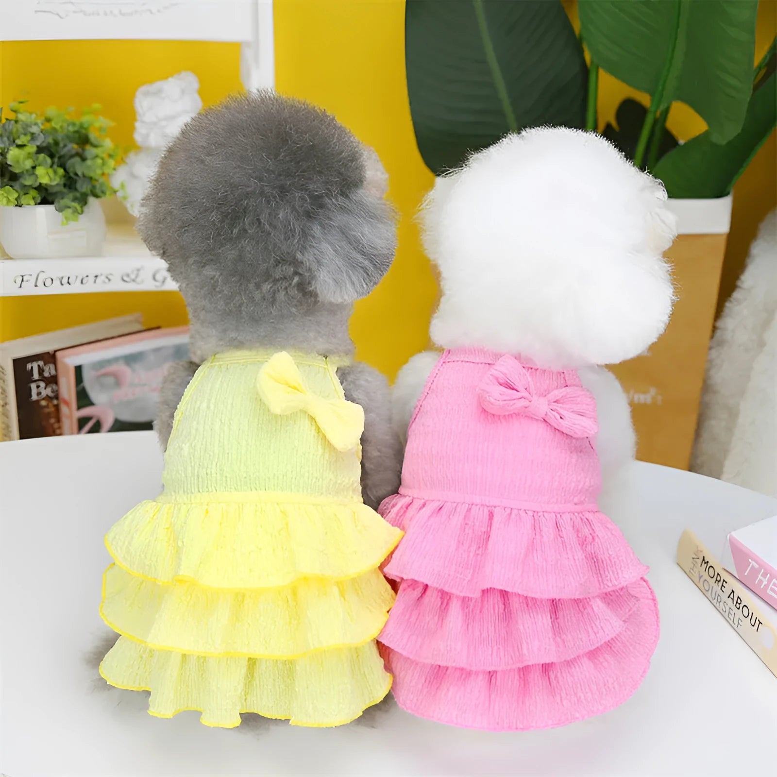 Small dog wearing polyester princess dress with layered skirt in rose red, yellow or water green colour