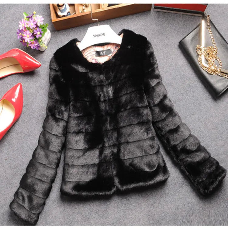 Women's short faux fur top in beige, shown with regular sleeves, for street fashion wear.