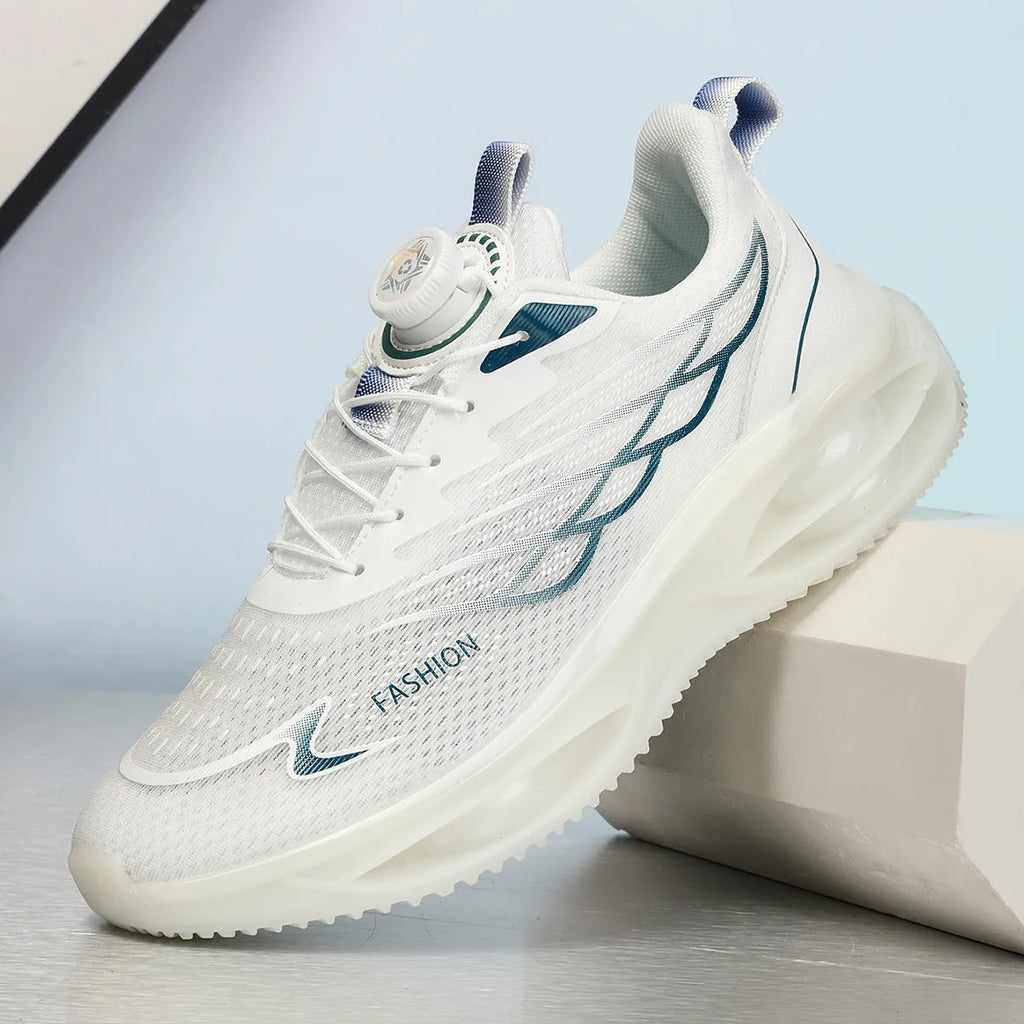 Pair of breathable casual running shoes with mesh upper and rubber sole in a solid colour.