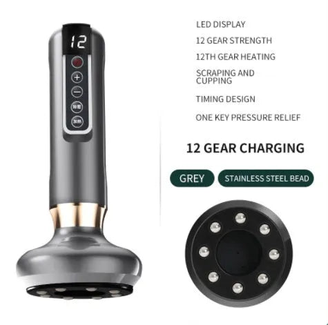 Green electric vacuum cupping massager with gua sha head on a white background.