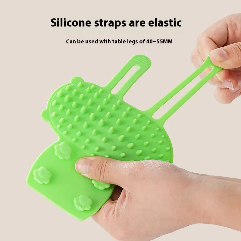 Silicone cat grooming comb and scratcher set with adjustable strap in black, green, pink, or yellow.