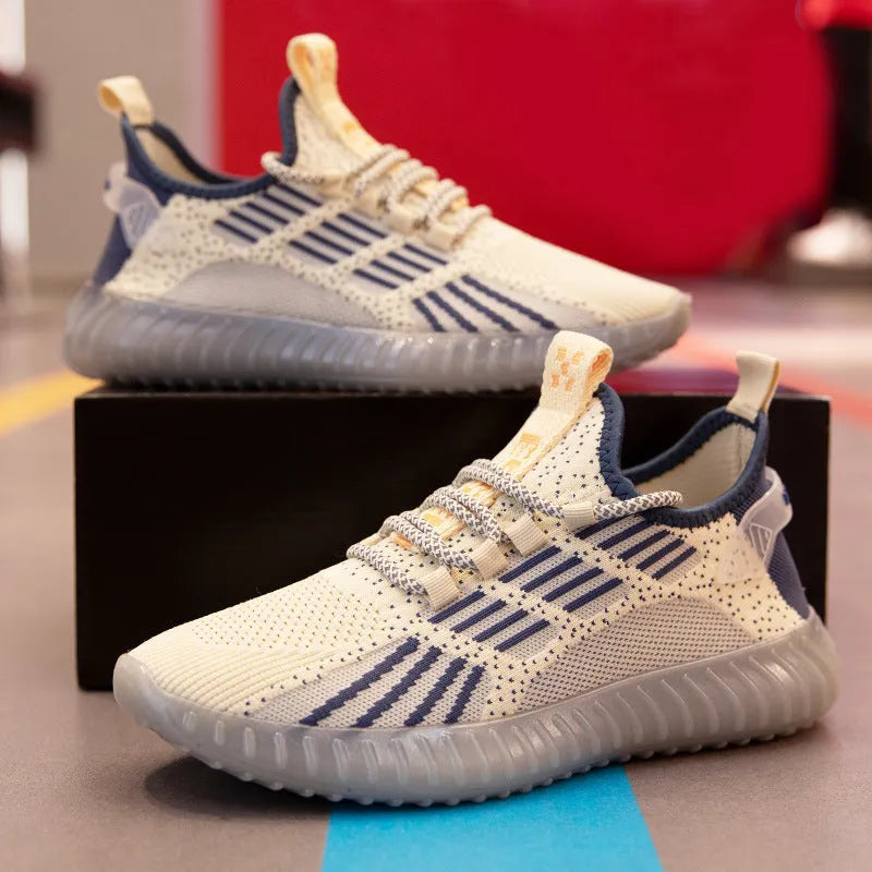 Men's white breathable flying fabric sports shoes with mesh lining and shallow opening.