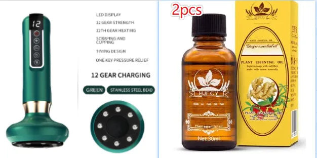 Green electric vacuum cupping massager with gua sha head on a white background.