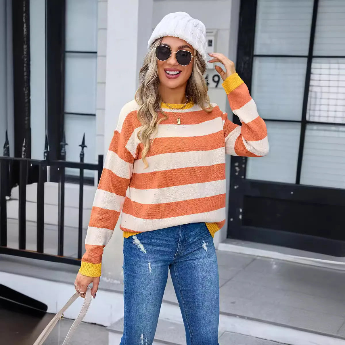 Women's acrylic loose fit sweater in multiple colours with round neck and long sleeves