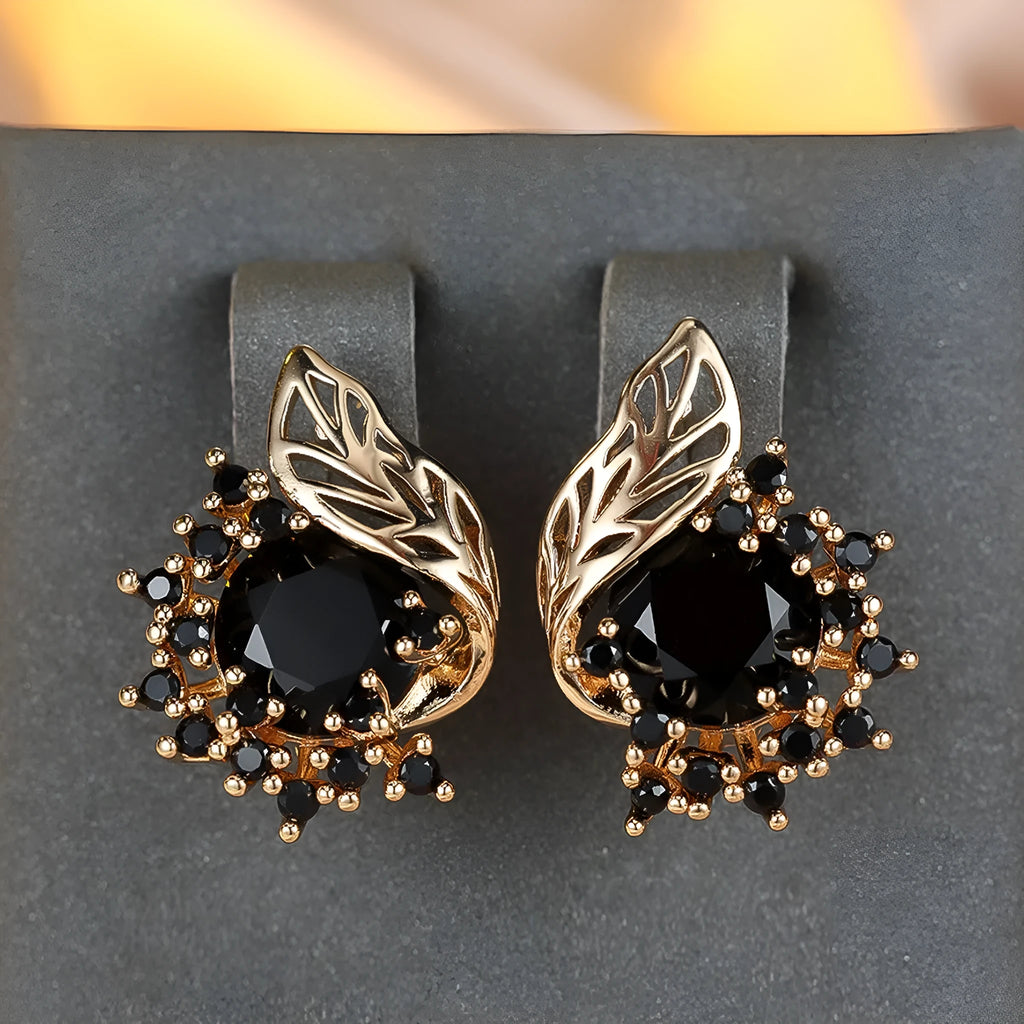 Round flower feather zircon earrings with champagne gold electroplated finish and six gemstone colour options
