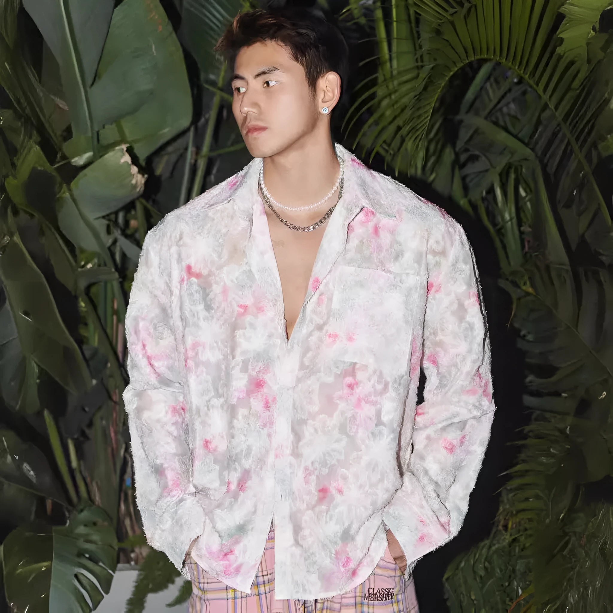 Men's pink floral long sleeve shirt with embossed three-dimensional pattern and loose fit design