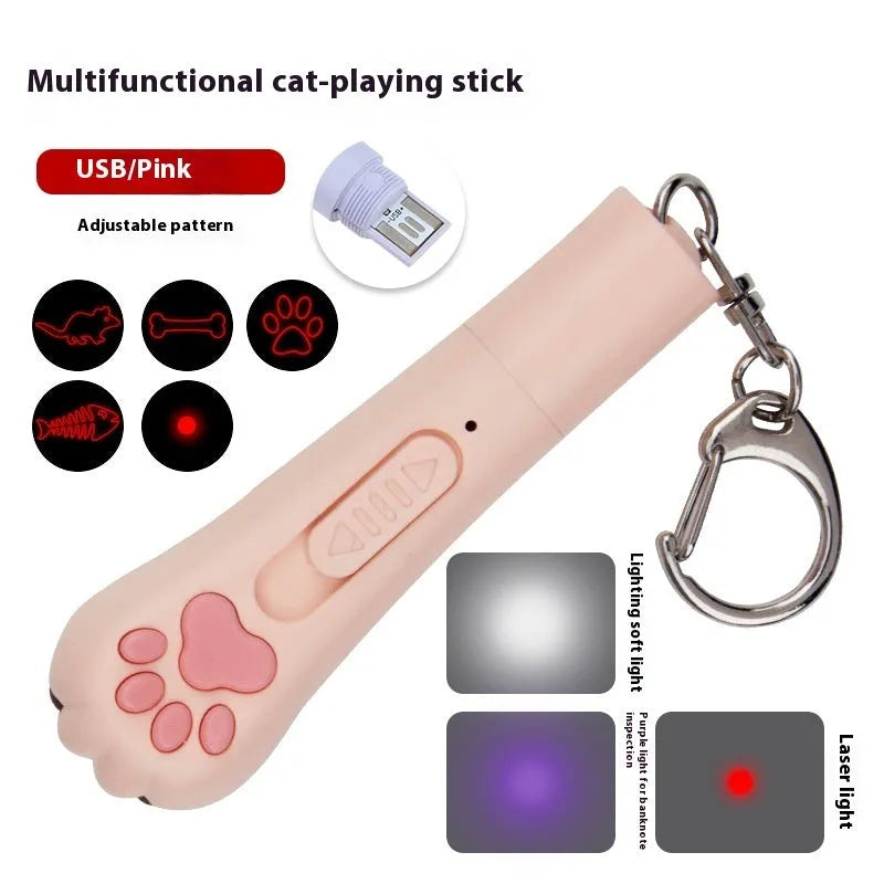 Infrared laser cat teasing stick with miniature paw prints in blue plastic with laser projection