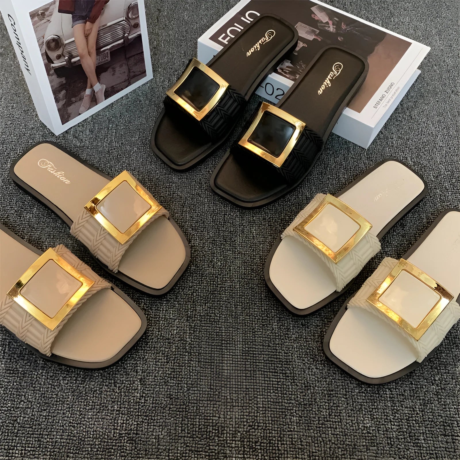 Women's casual flat slippers in apricot, black, or khaki with a waterproof PVC sole.
