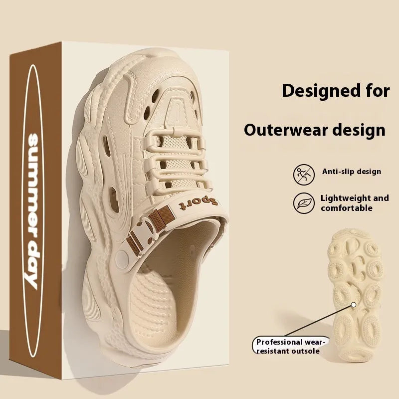 Men's khaki outdoor summer slippers with hollow out design and EVA sole