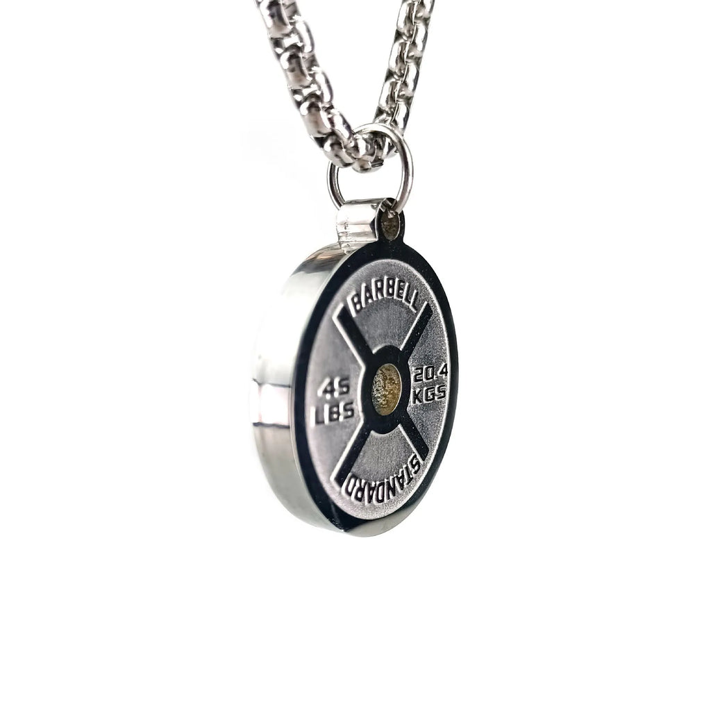 Geometric stainless steel barbell disc necklace with 60cm chain options on jewellery display
