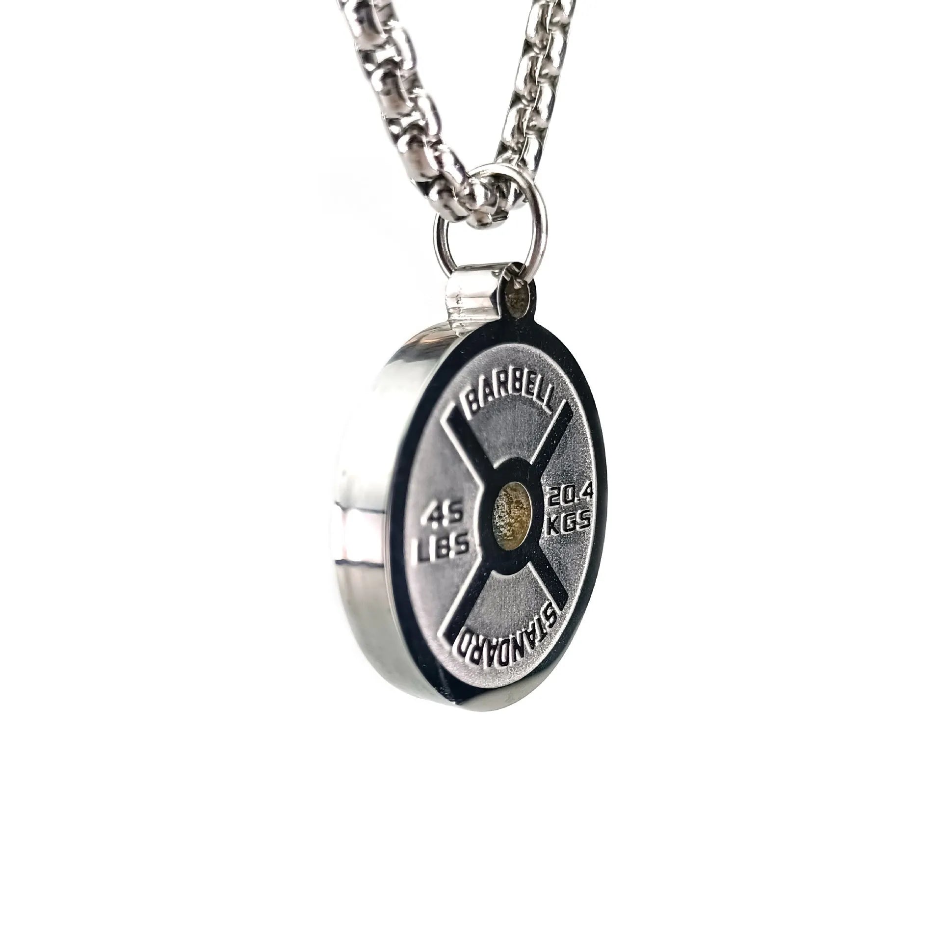 Geometric stainless steel barbell disc necklace with 60cm chain options on jewellery display