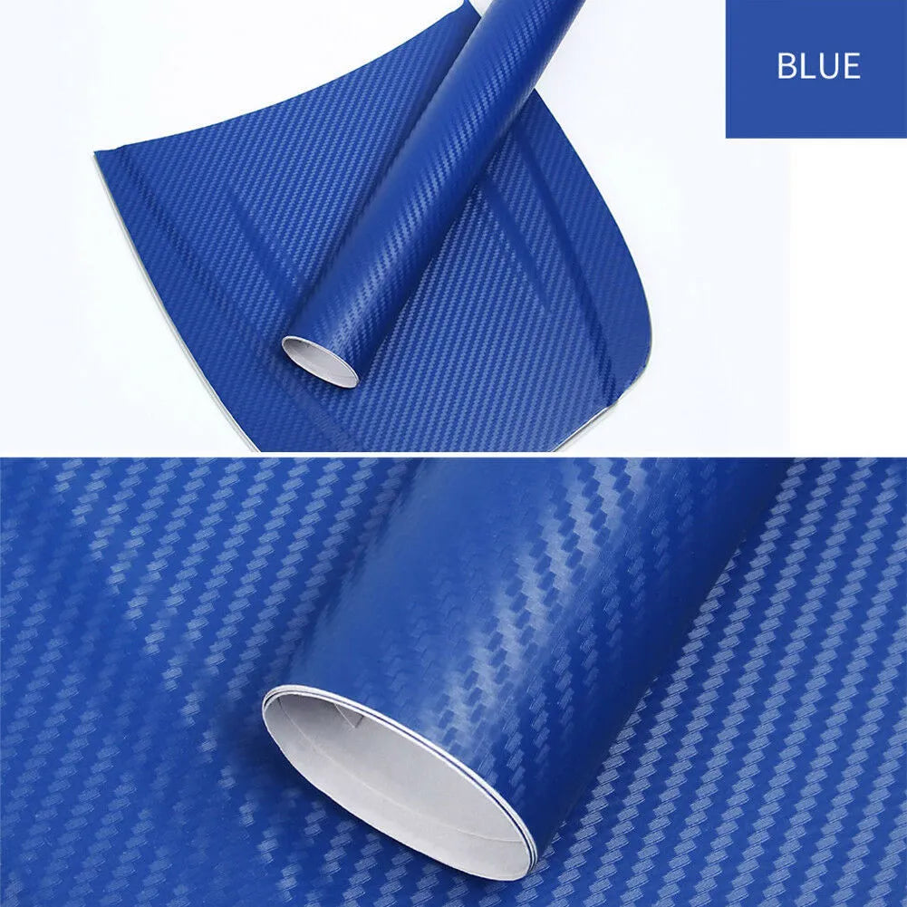 3D carbon fibre car stickers in eight colours including black, silver, blue on 30x127cm sheet