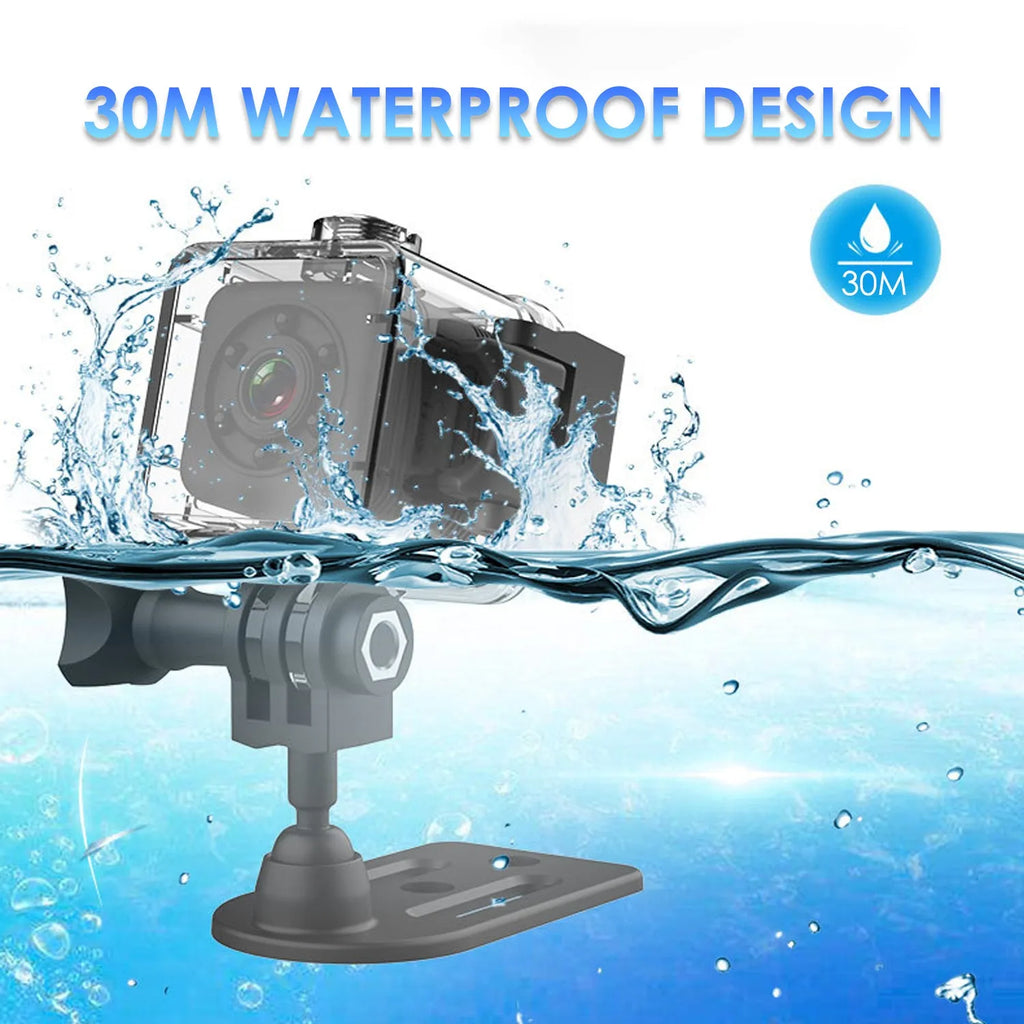 Black waterproof sports camera with MicroUSB port, for long-duration outdoor filming.