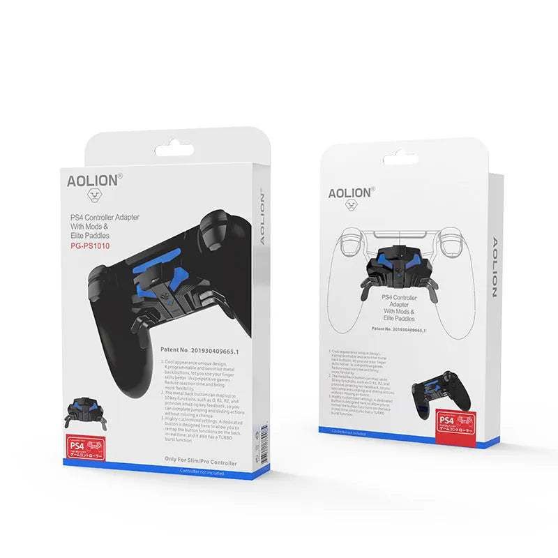 Black wired back button attachment for PS4 Slim and Pro controllers showing 3.5mm jack and Type-C port