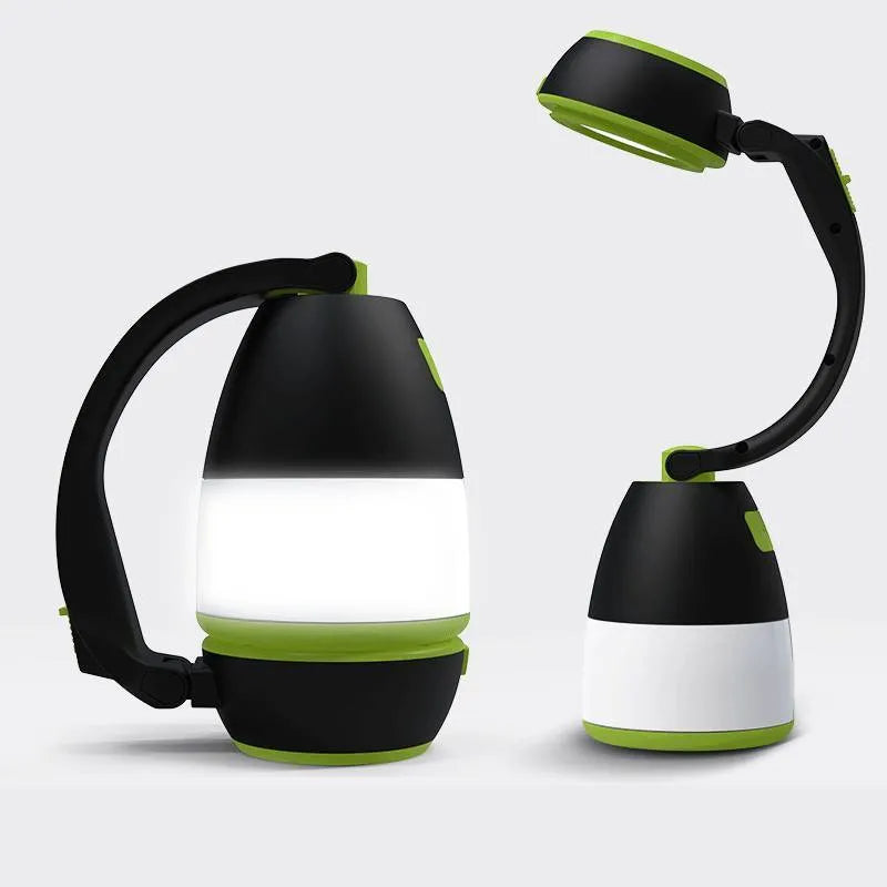 Black green foldable LED lamp with USB port shown in desk, camping, and flashlight modes