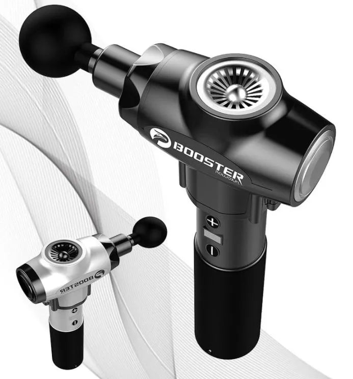 Black and white electric percussion massage gun for muscle relaxation on a grey background.