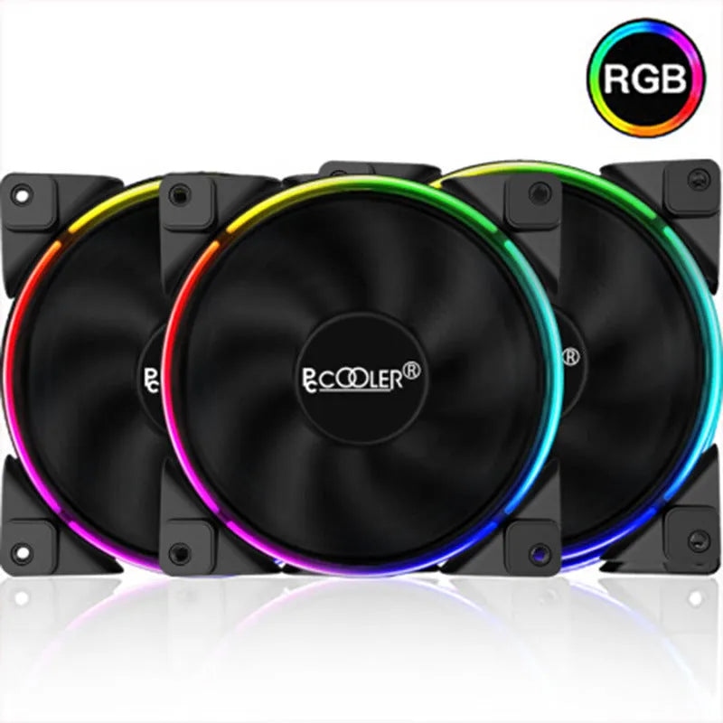 Three black 120mm RGB cooling fans for a PC case, showing illuminated blades.