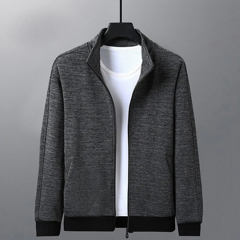 Men's black athletic fit jacket with stand-up collar and front zipper in chemical fibre blend fabric
