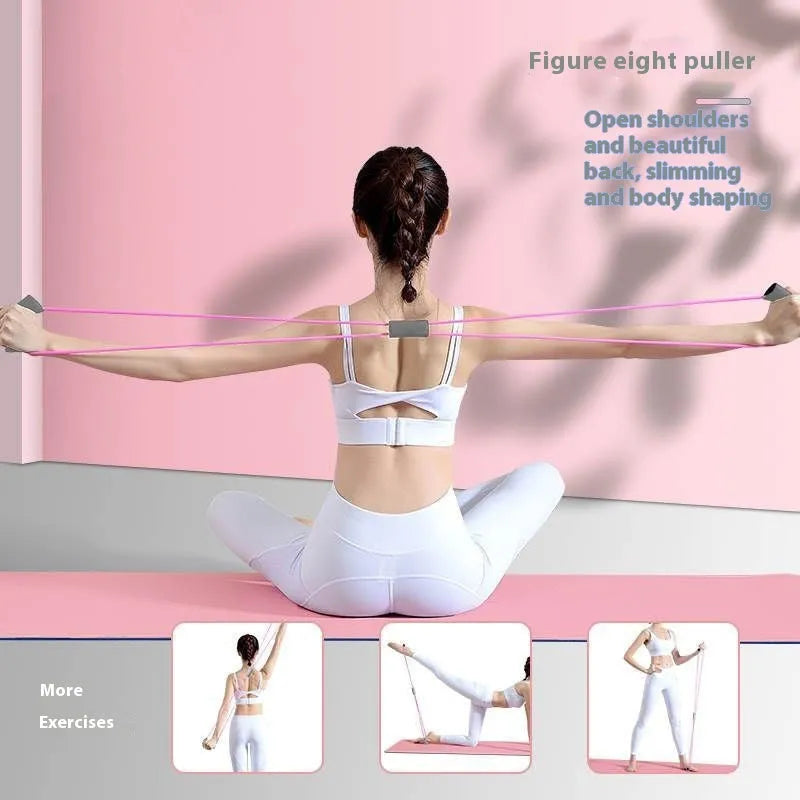 Yoga four piece set showing leg stretching device, foot pedaler, yoga ring, and figure eight tension rope.