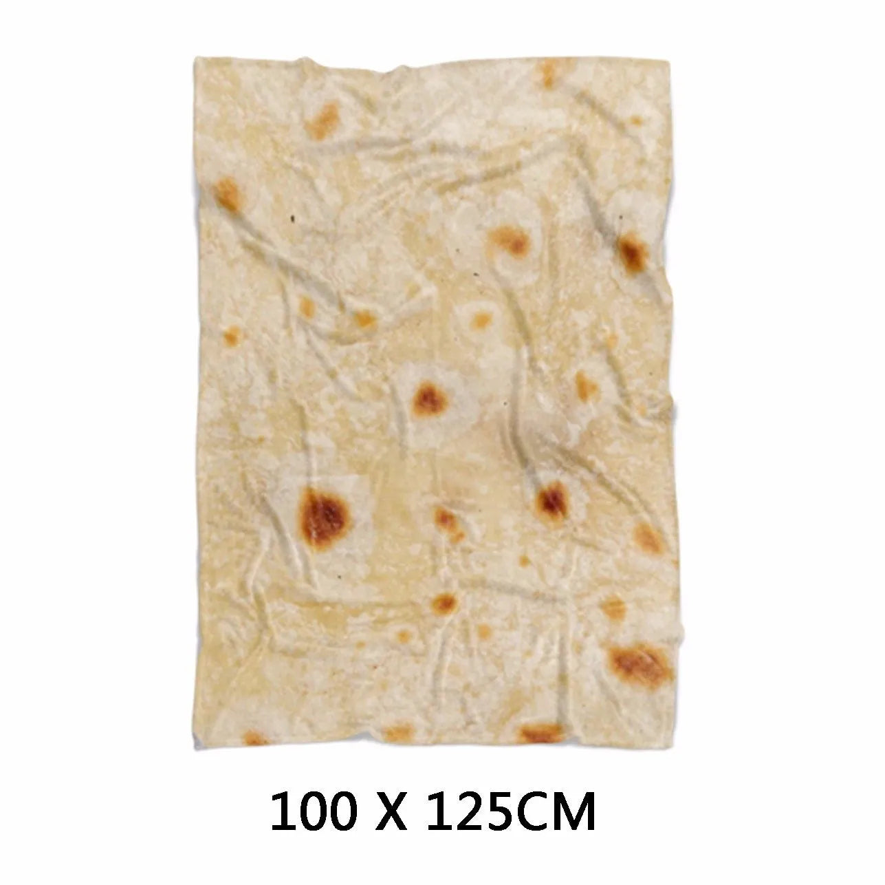 Round shape flannel burrito blanket with food-themed printing showing coral fleece texture
