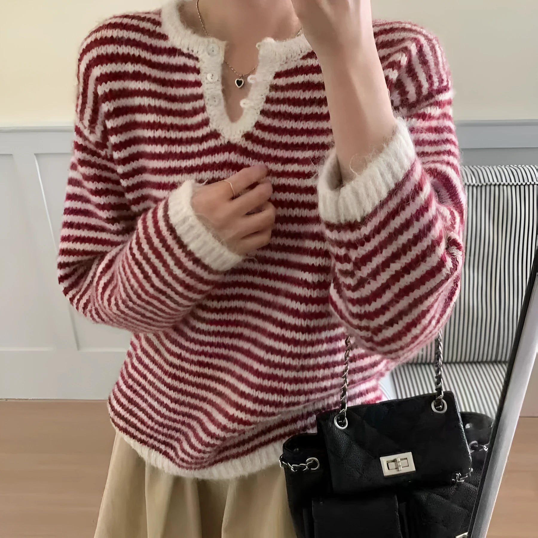 Women's striped cashmere pullover sweater with plaid pattern in red colour option