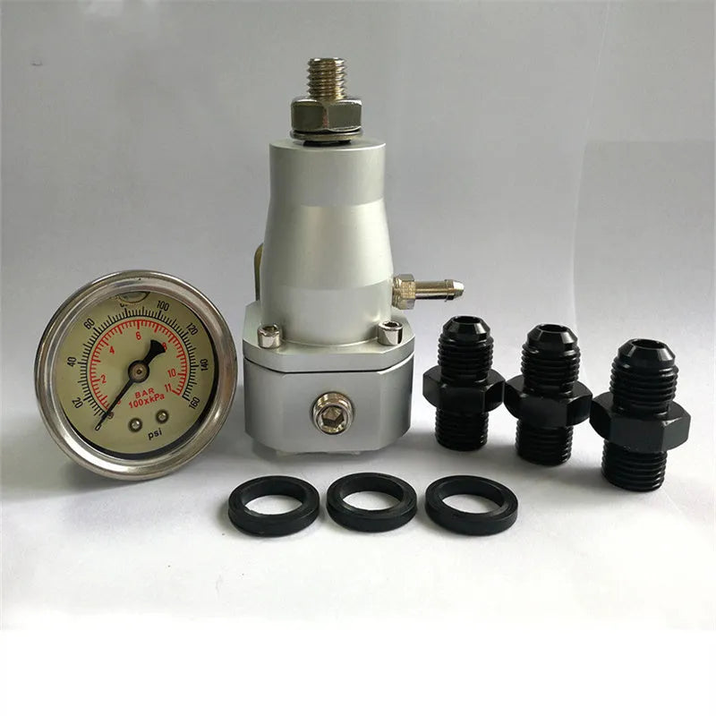 Black CNC aluminium fuel pressure regulator with adjustable pressure gauge and mounting strap