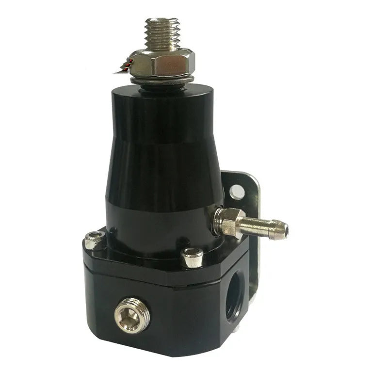 Black CNC aluminium fuel pressure regulator with adjustable pressure gauge and mounting strap