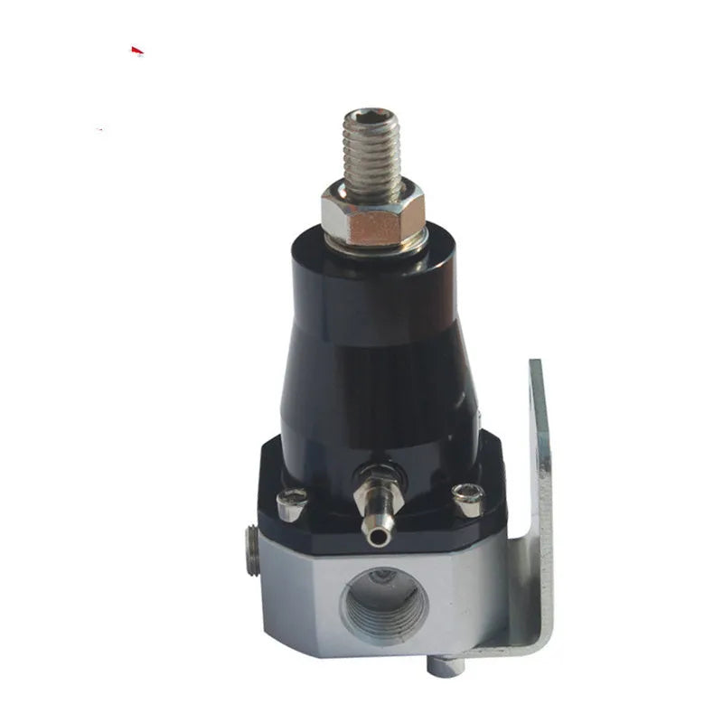 Black CNC aluminium fuel pressure regulator with adjustable pressure gauge and mounting strap