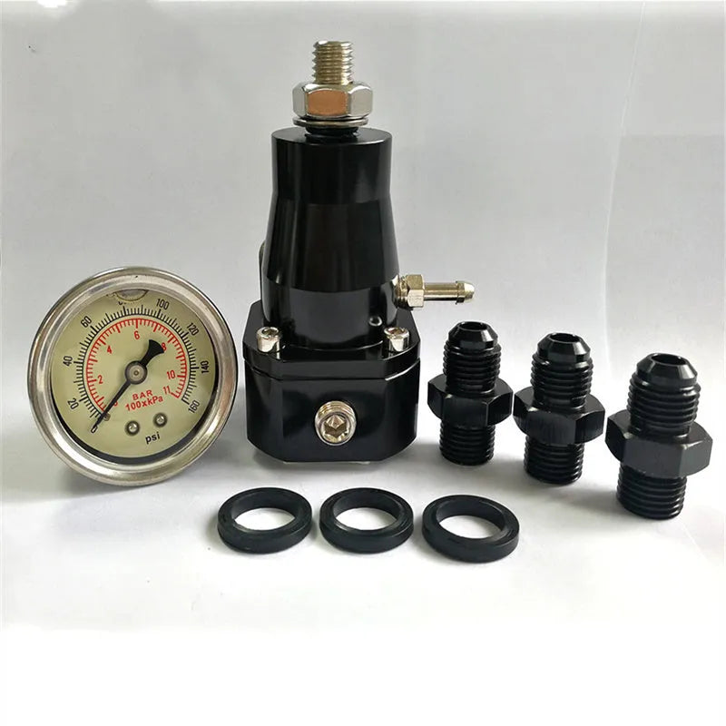 Black CNC aluminium fuel pressure regulator with adjustable pressure gauge and mounting strap