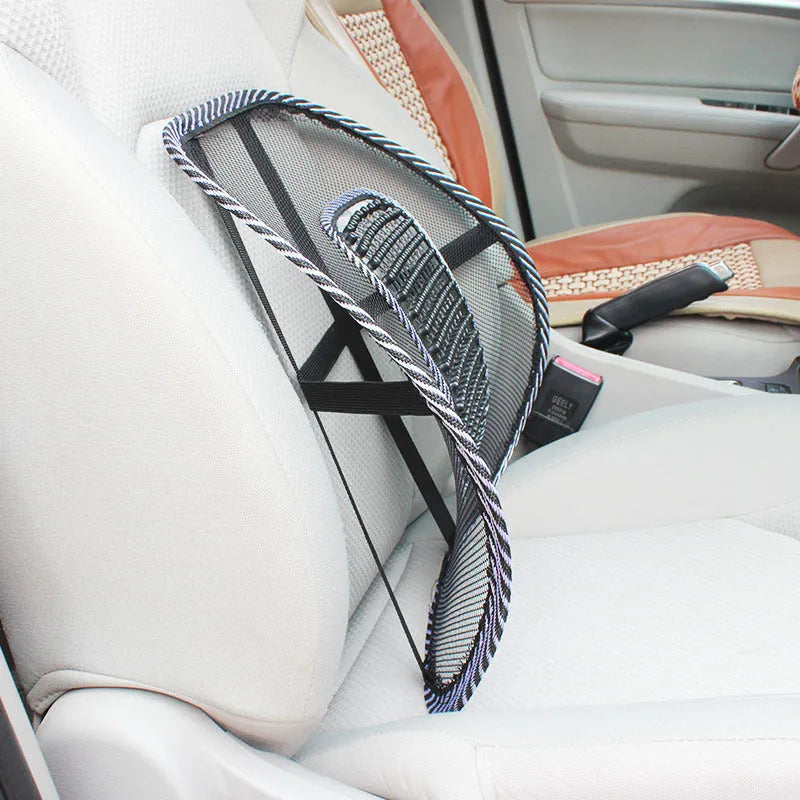Black car lumbar support pillow with steel wire frame measuring 41cm by 39cm
