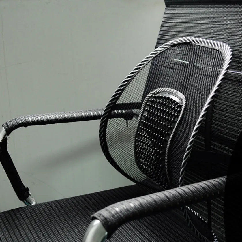 Black car lumbar support pillow with steel wire frame measuring 41cm by 39cm