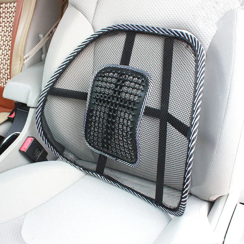 Black car lumbar support pillow with steel wire frame measuring 41cm by 39cm
