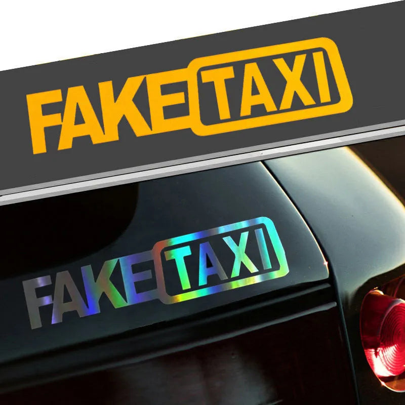 FAKE TAXI text car sticker in black, white, or yellow, measuring 20 cm by 8 cm.