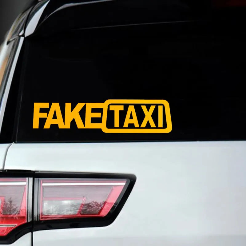 FAKE TAXI text car sticker in black, white, or yellow, measuring 20 cm by 8 cm.