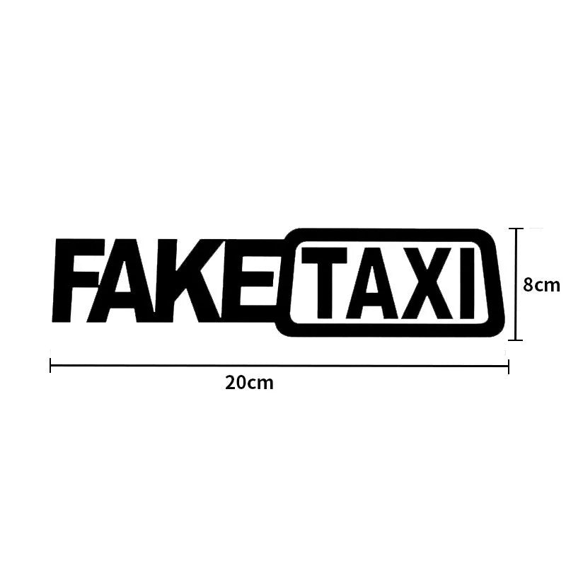 FAKE TAXI text car sticker in black, white, or yellow, measuring 20 cm by 8 cm.