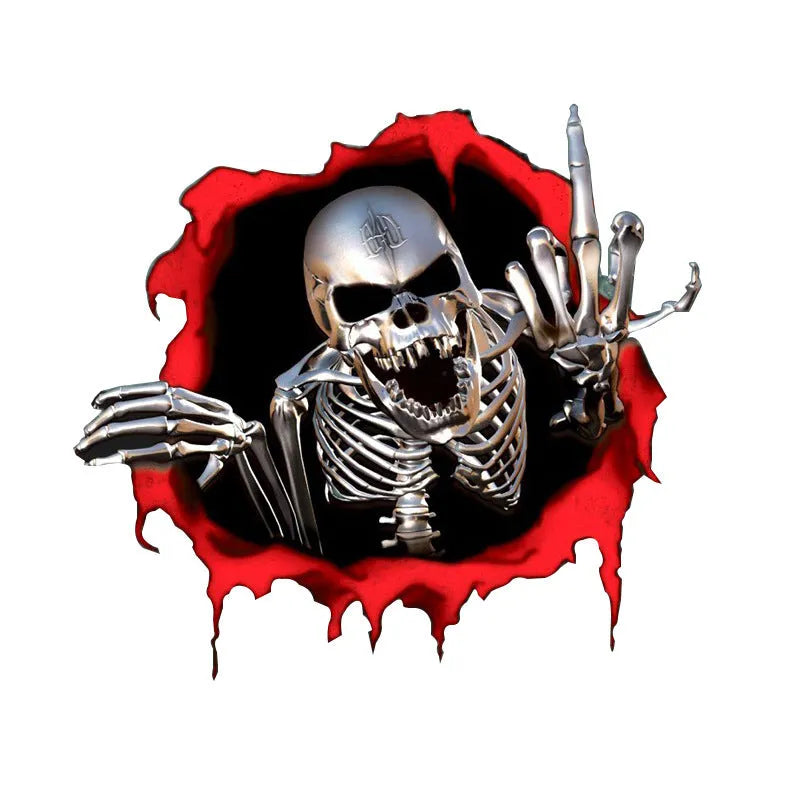 Reflective car sticker with metal skull and colourful broken shell pattern measuring 15cm by 14cm