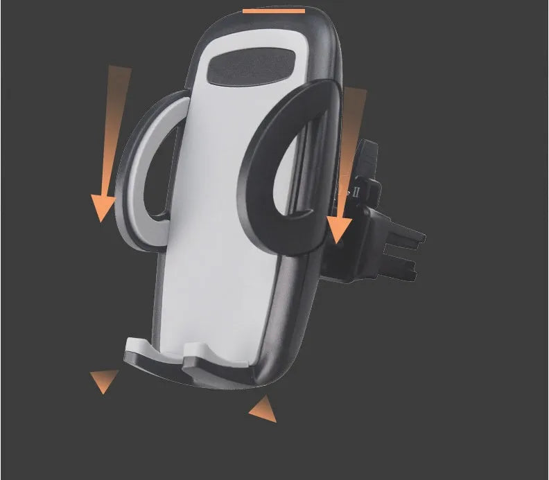 Black mobile phone holder clipped to car air conditioning vent with smartphone mounted