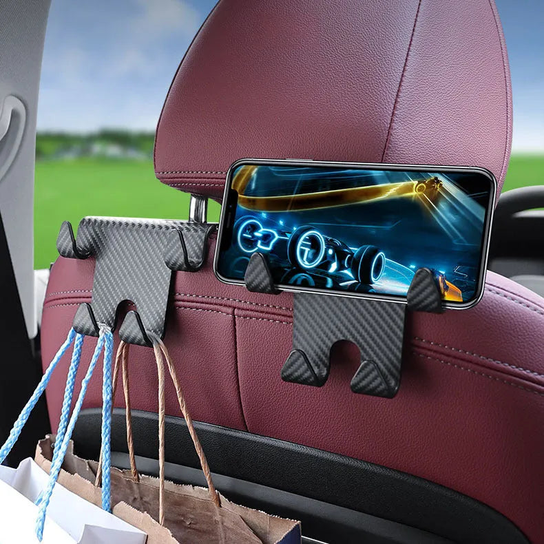 Black ABS car hook and mobile phone bracket for rear seat back storage.