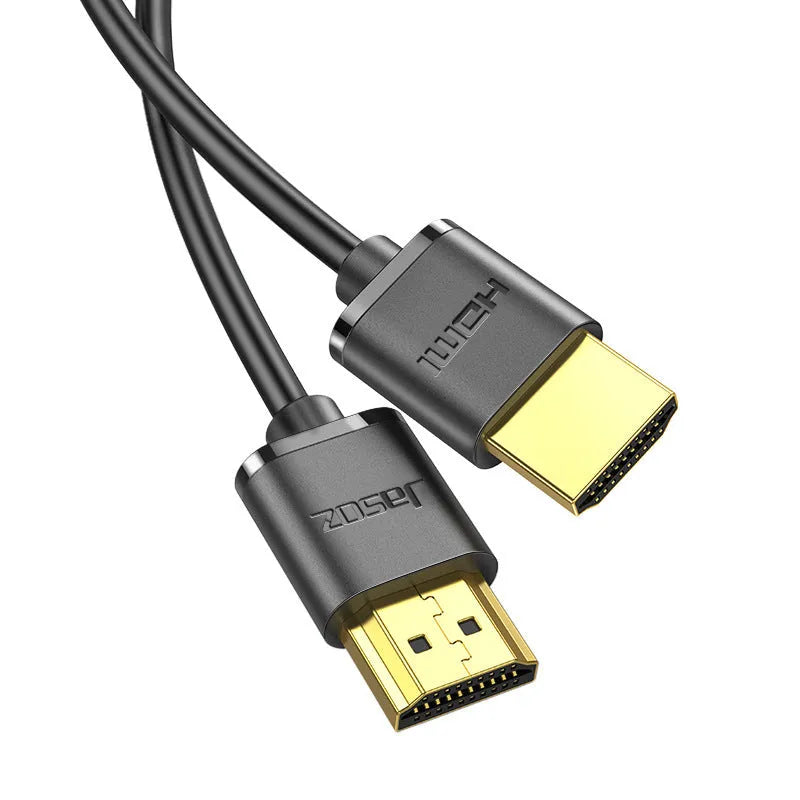 Flexible thin HDMI cable with gold-plated connectors showing length options from 50cm to 500cm