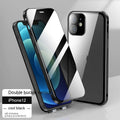 Glass privacy phone case with double-sided buckle, shown in one of five colour options: black, blue, gold, green, or silver.