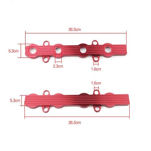 Aluminium engine harness cover in blue, red, or silver, shown with and without mounting holes.