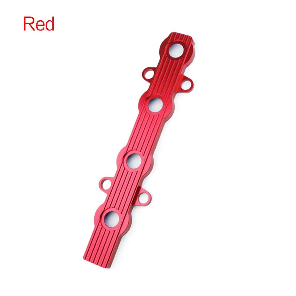 Aluminium engine harness cover in blue, red, or silver, shown with and without mounting holes.