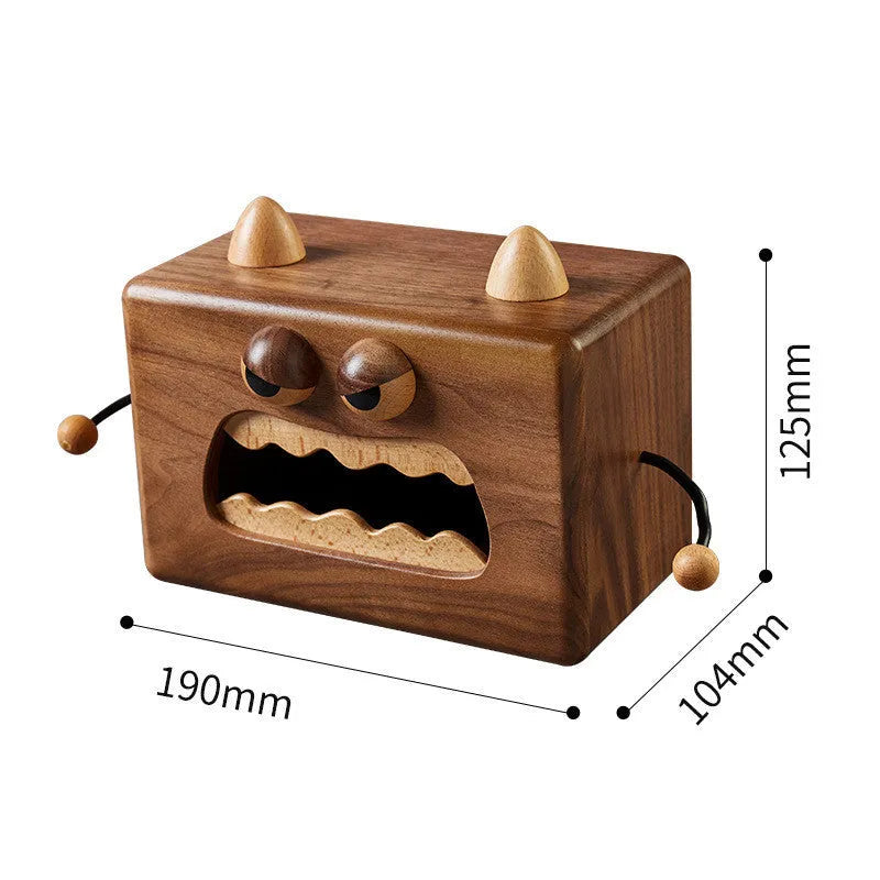 Cartoon little monster wooden tissue box in walnut beech colour measuring 190x104x125mm