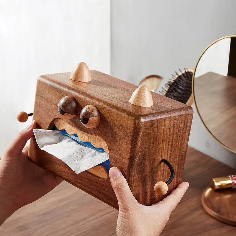 Cartoon little monster wooden tissue box in walnut beech colour measuring 190x104x125mm